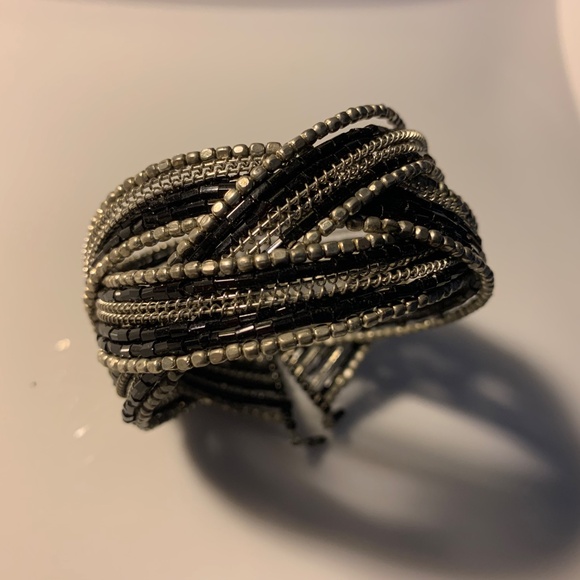 Silver & Black Beaded Cuff Bracelet – Multi-Strand Crisscross Design - Picture 1 of 5